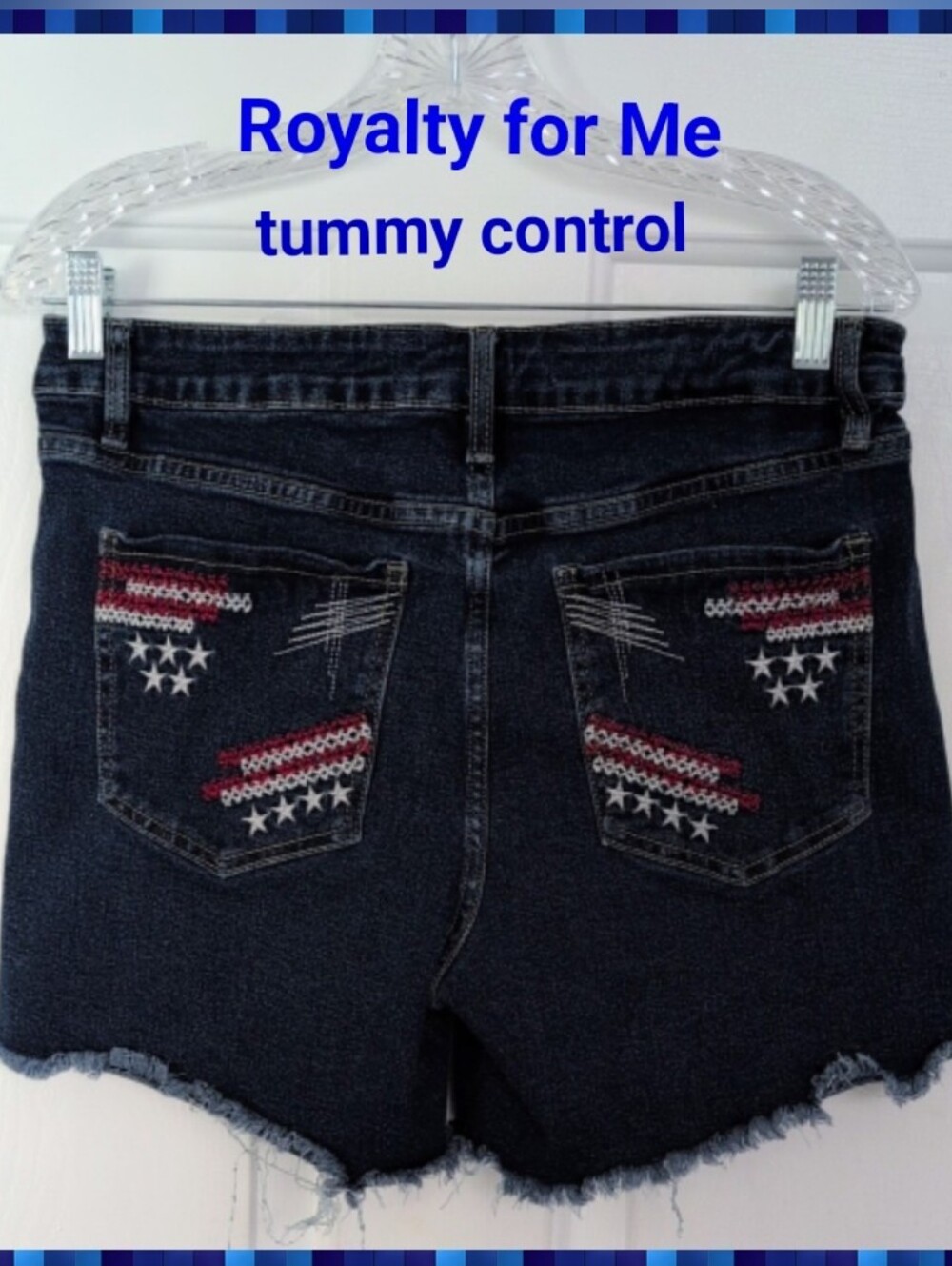 Royalty For Me Denim Jean Frayed Hem Shorts Sz 10 Tummy Control Stars & Stripes
